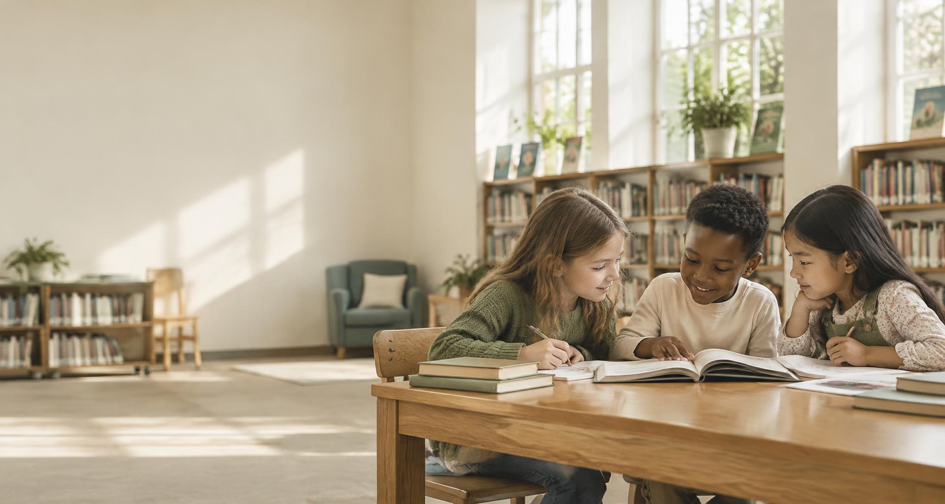 Three children reading together in a sunlit school library; illustrative imagery